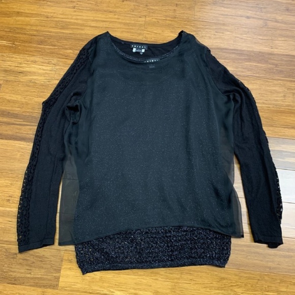 Tribal Sparkle Blouse Womens Small Long Sleeve Sheer Layered Lace Trim Top Black
